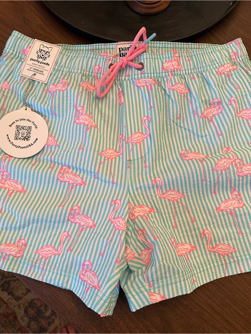 L - men’s Party Pants Flamingo Seersucker Shorts in Pink & Mint swim